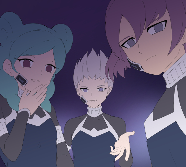 1girl, 2boys, alpha_(inazuma_eleven), aqua_hair, beta_(inazuma_eleven), flat_color, gamma_(inazuma_eleven), inazuma_eleven_(series)