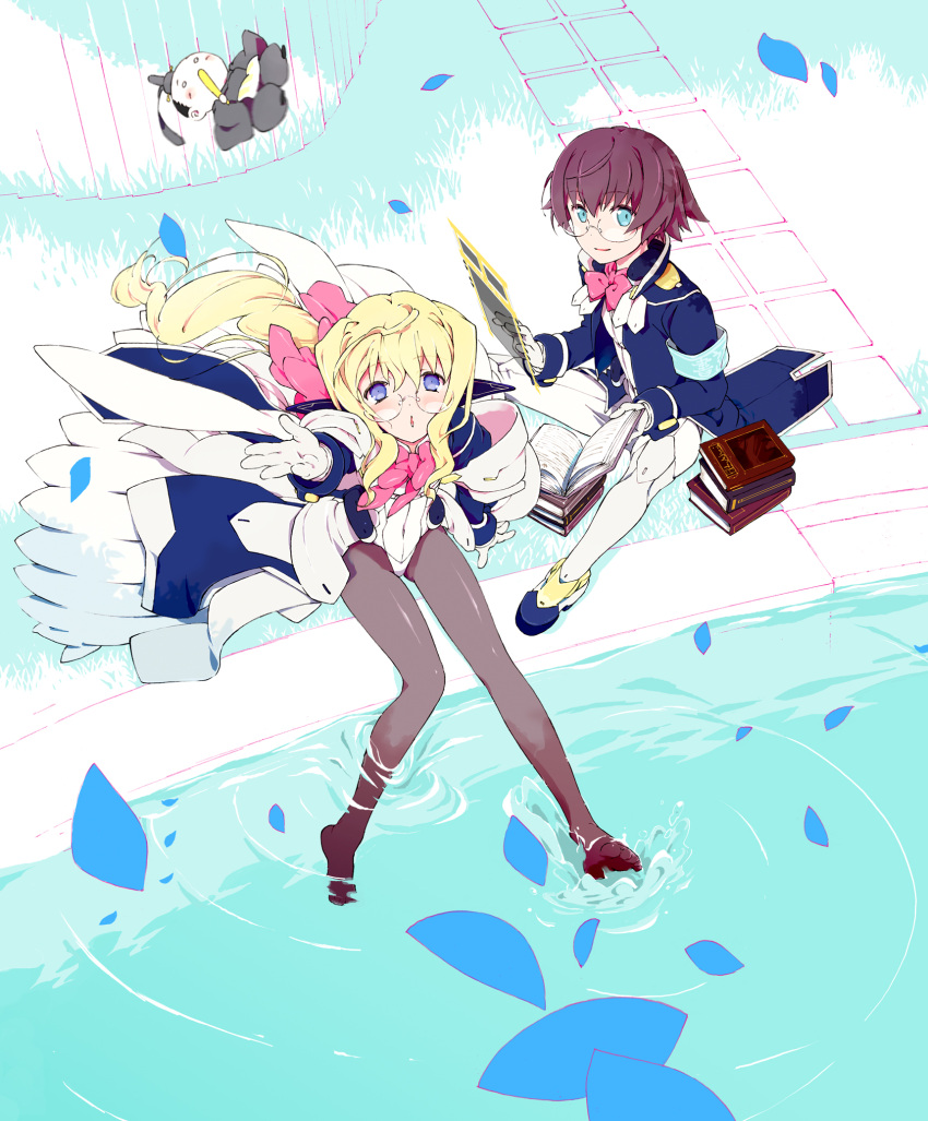 1girl, 2boys, blonde_hair, blue_eyes, bodysuit, book, brown_hair, ear_covers