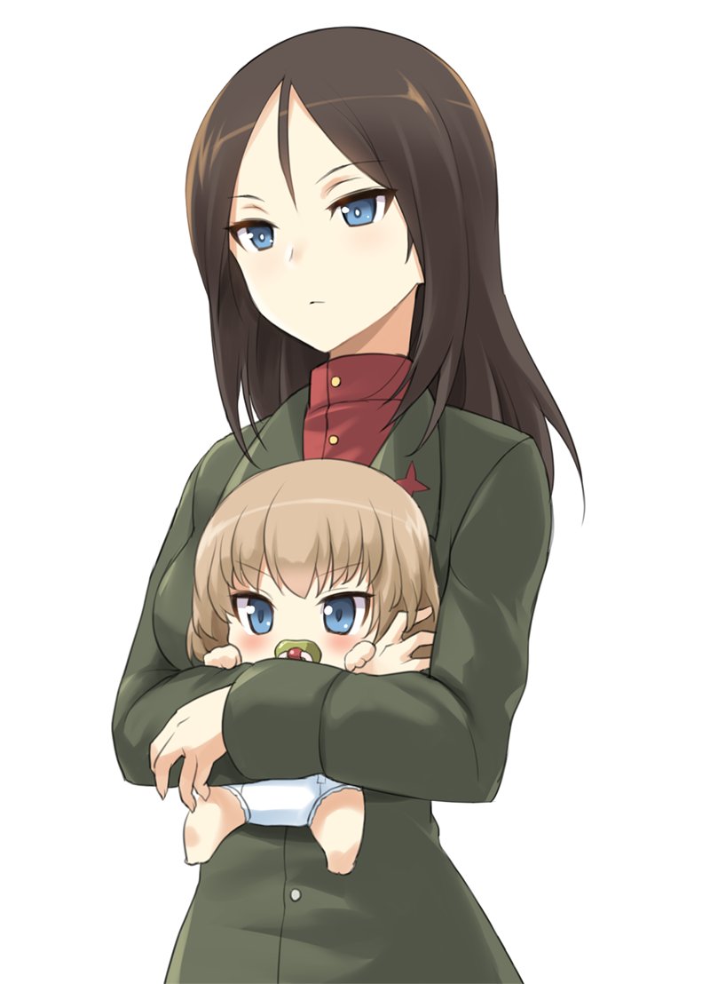 2girls, baby, blonde_hair, blue_eyes, blush, brown_hair, carrying, commentary_request