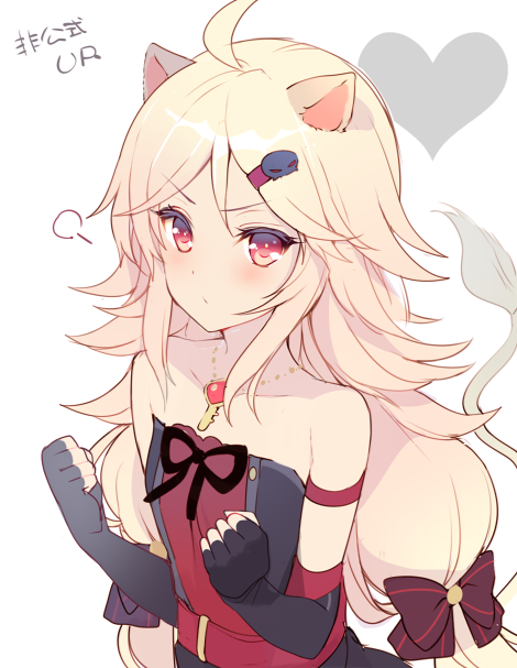 1girl, aireen_(show_by_rock!!), animal_ears, blonde_hair, elbow_gloves, fingerless_gloves, gloves, hair_ornament, hairclip, heart, jewelry, key, lion_ears, lion_tail, long_hair, mayachi_(amuriya), necklace, red_eyes, show_by_rock!!, simple_background, tail, upper_body, white_background