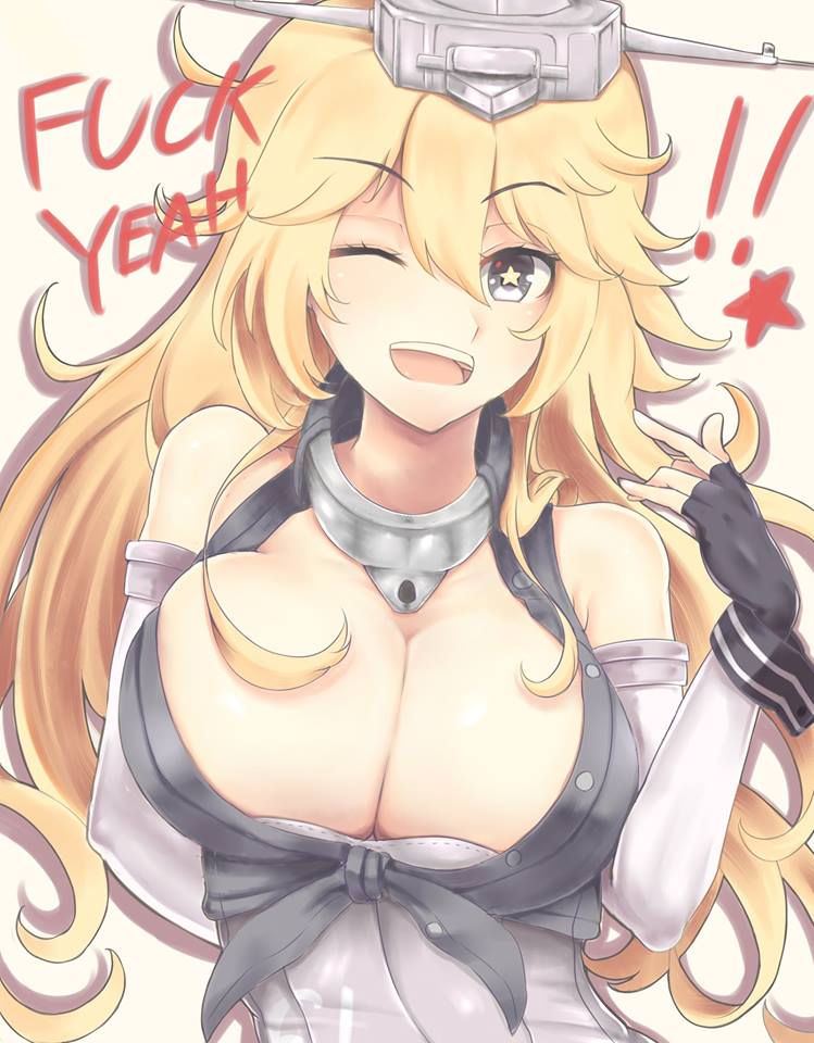 !!, 1girl, ;d, arm_behind_back, bare_shoulders, black_gloves, black_ribbon, black_shirt, blonde_hair, blue_eyes, blush, bra, breasts, cleavage, collar, curtset, elbow_gloves, english, eyebrows, eyebrows_visible_through_hair, front-tie_top, gankami, gloves, grey_hat, hair_between_eyes, head_tilt, headgear, iowa_(kantai_collection), kantai_collection, large_breasts, long_hair, one_eye_closed, open_clothes, open_mouth, open_shirt, ribbon, shirt, simple_background, smile, solo, star, star-shaped_pupils, symbol-shaped_pupils, teeth, tsurime, underbust, underwear, upper_body, very_long_hair, white_bra, wrist_cuffs, yellow_background