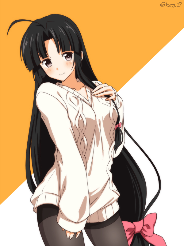 1girl, ahoge, black_hair, blush, bow, brown_eyes, casual, cowboy_shot