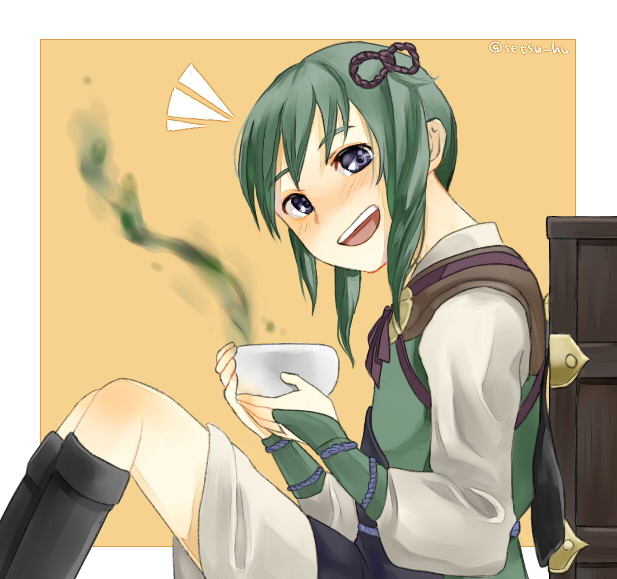 1girl, artist_name, blush, fire_emblem, fire_emblem_if, green_hair, midoriko_(fire_emblem_if), open_mouth, setsu_hu, sitting, solo, tea, twintails