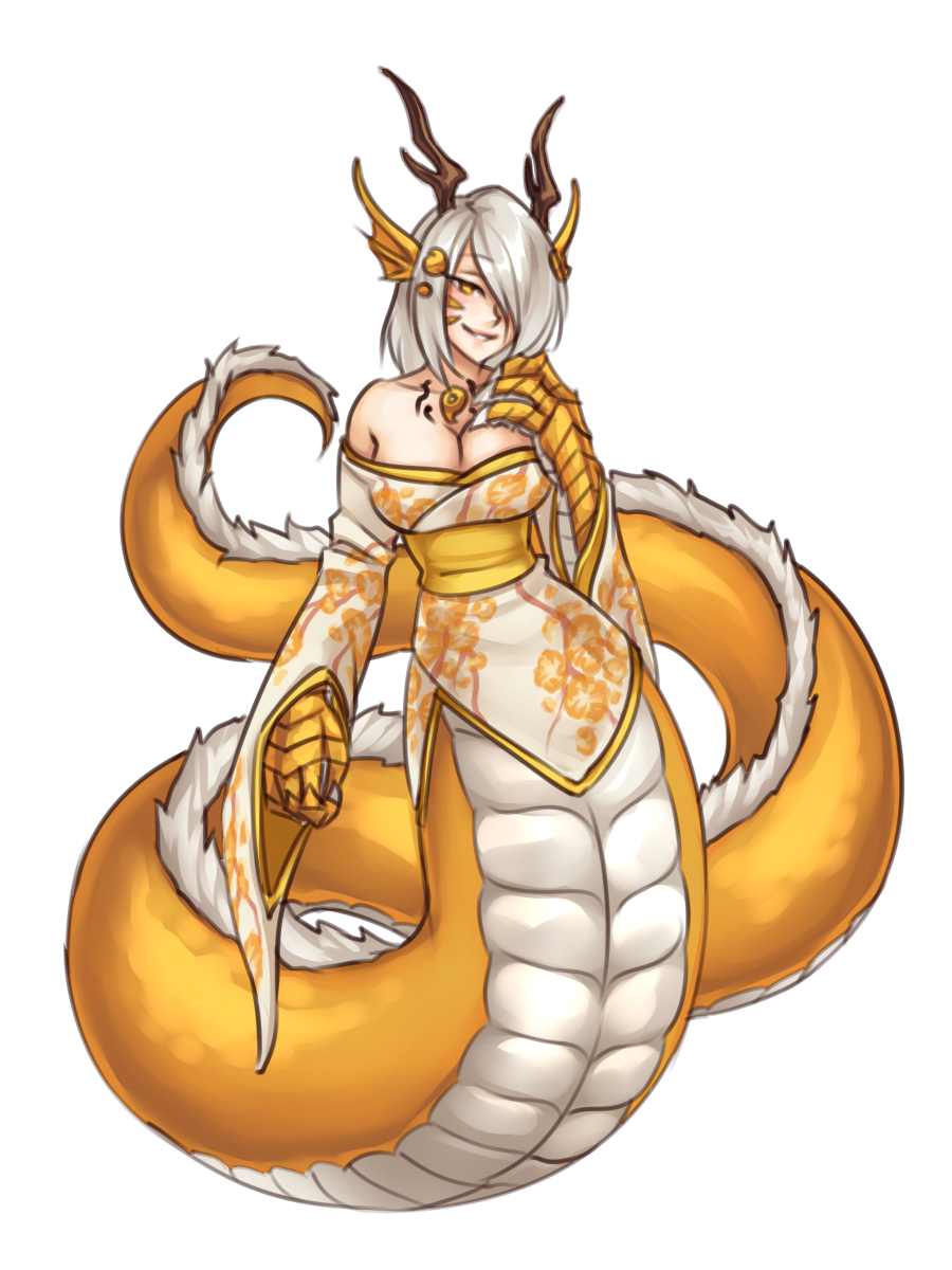 1girl, alternate_color, bare_shoulders, breasts, cleavage, dragon_horns, grey_hair, hair_over_one_eye, head_fins, head_tilt, highres, horns, japanese_clothes, kimono, lamia, large_breasts, looking_at_viewer, magatama, monorus, monster_girl, monster_girl_encyclopedia, obi, off_shoulder, parted_lips, paws, ryuu_(monster_girl_encyclopedia), sash, scales, short_hair, simple_background, smile, solo, white_background, yellow_eyes