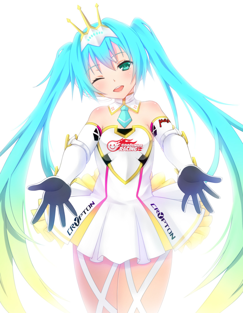 1girl, aqua_eyes, aqua_hair, blush, crypton, detached_collar, elbow_gloves, gloves