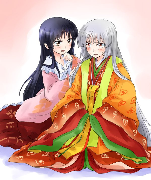 2girls, absurdly_long_hair, alternate_costume, alternate_hairstyle, bangs, black_eyes, black_hair, blush