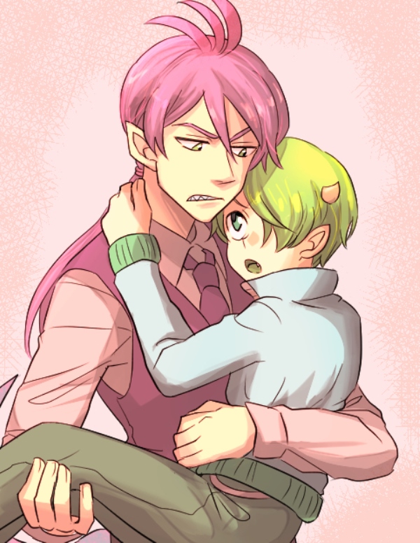 2boys, carrying, green_eyes, green_hair, hair_over_one_eye, horns, lizard_tail, male_focus