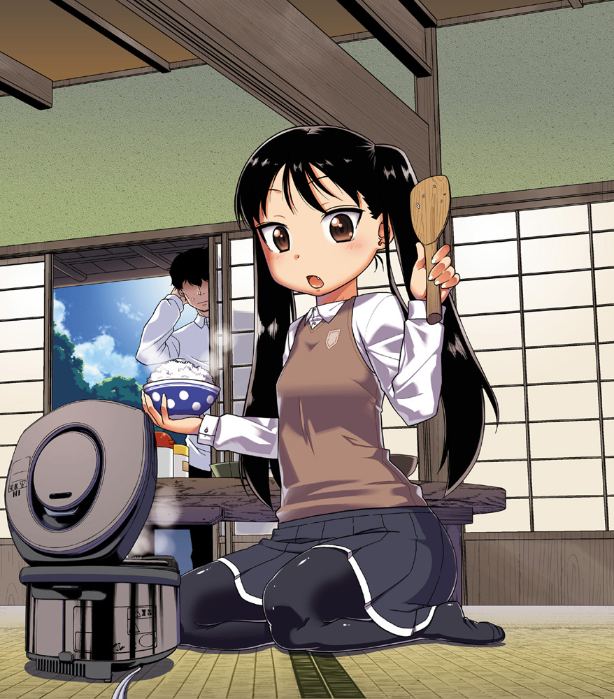 1boy, 1girl, black_hair, black_legwear, blush, brown_eyes, food, hair_over_eyes