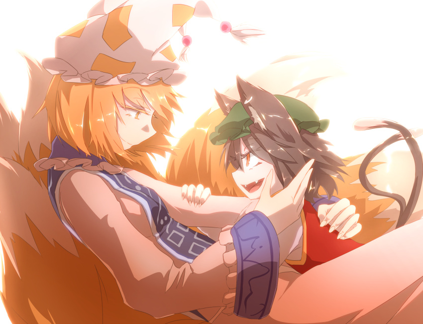 2girls, animal_ears, brown_hair, cat_ears, cat_tail, chen, eye_contact, fangs