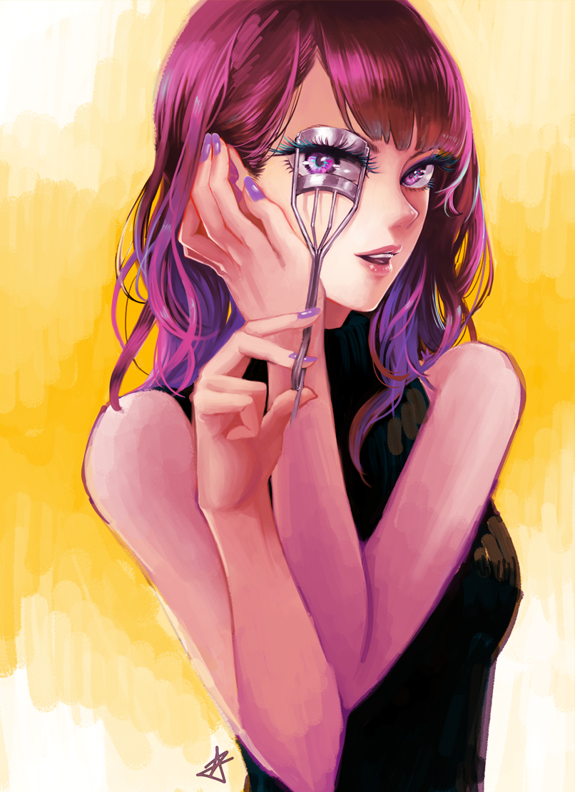 1girl, bangs, character_request, eyelash_curler, eyelashes, fake_eyelashes, go!_princess_precure, hair_tucking