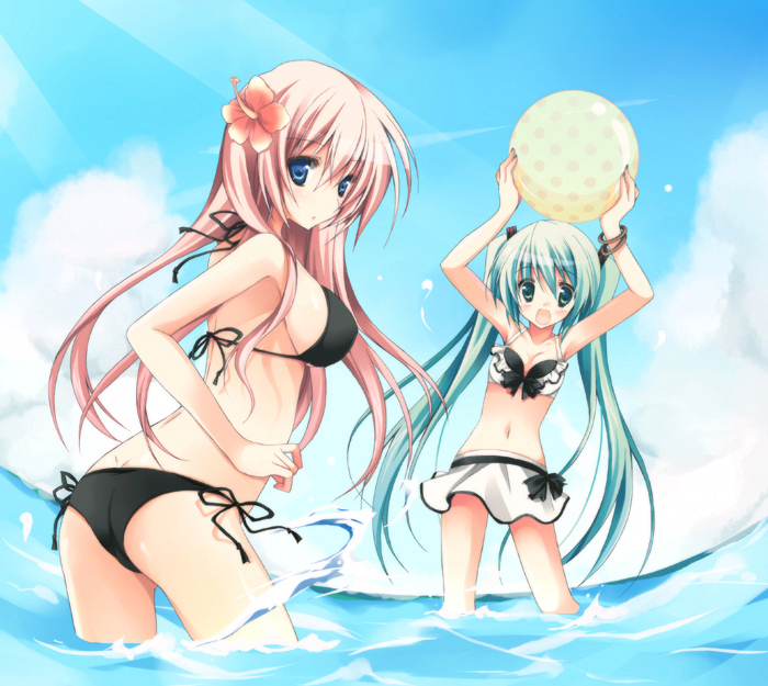 ball, beachball, bikini, blue_hair, blush, breasts, flower, hair_flower