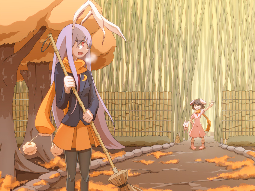 2girls, animal_ears, arm_up, autumn, autumn_leaves, bamboo, bamboo_shoot, blazer