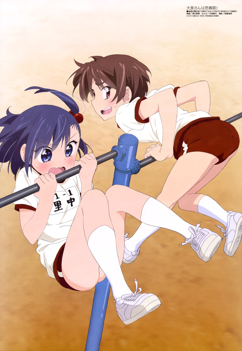 2girls, absurdres, bloomers, blue_eyes, blue_hair, highres, multiple_girls, ooya-san_wa_shishunki