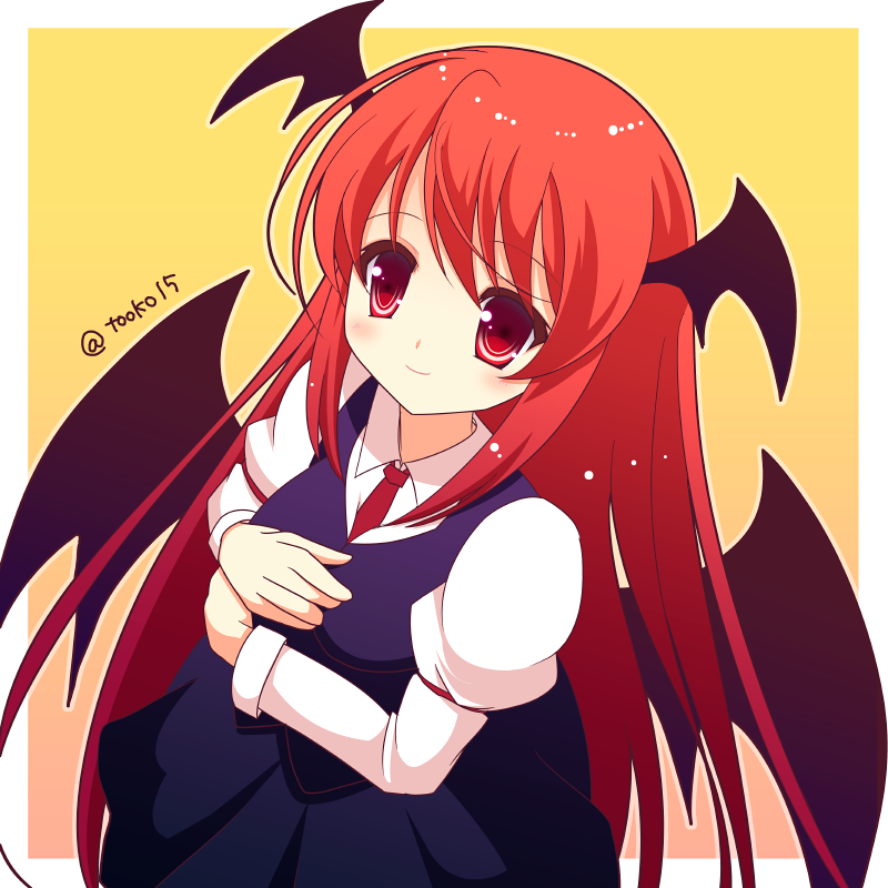 15_(tooka), 1girl, demon_wings, dress, head_wings, koakuma, necktie, red_eyes