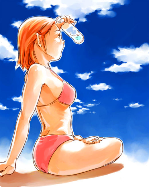barefoot, bikini, bottle, cloud, clouds, feet, kow, kow_(k.), original, pointy_ears, profile, red_hair, redhead, rough, shading_eyes, sitting, sky, swimsuit