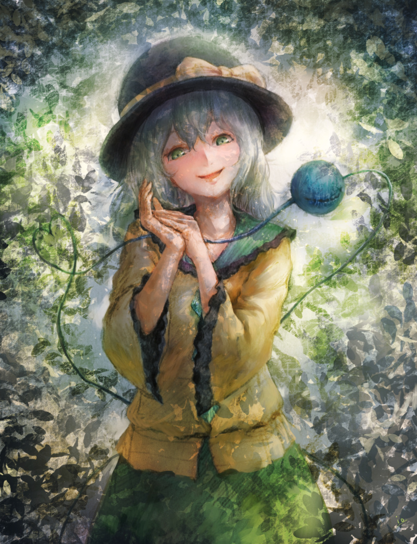 1girl, eyeball, green_eyes, hands_together, hat, hat_ribbon, heart, heart_of_string