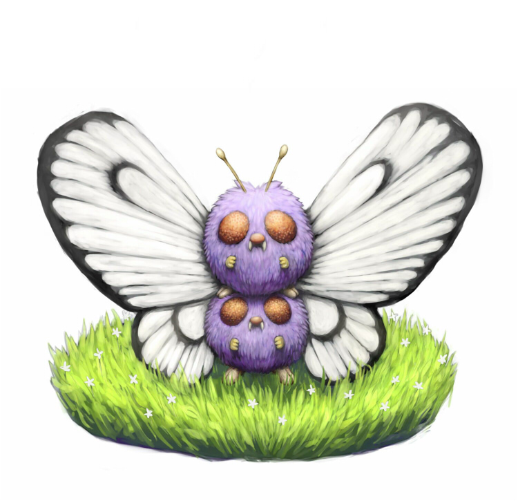 antennae, butterfly_wings, butterfree_(cosplay), commentary_request, fangs, flower, fur, grass