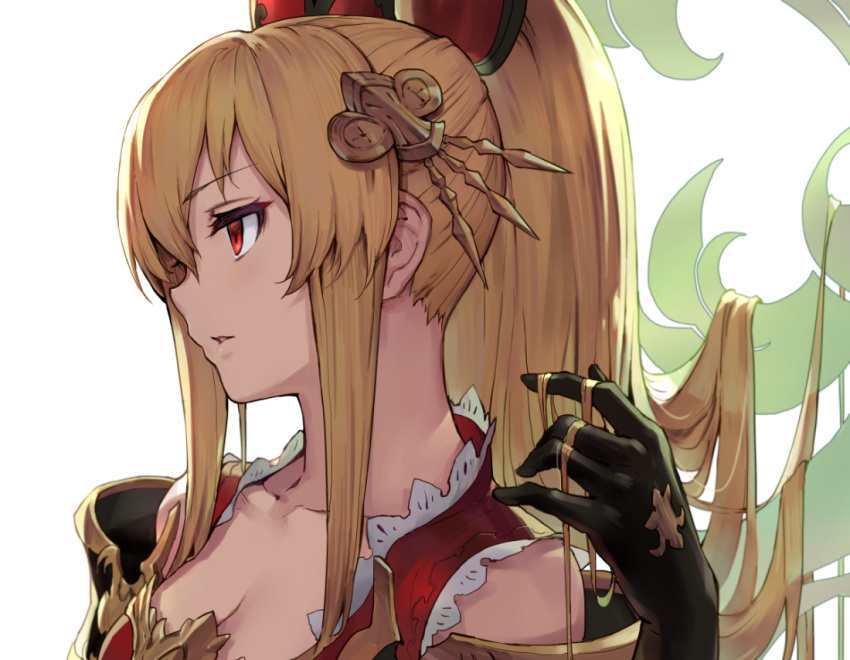 1girl, armor, bangs, black_gloves, blonde_hair, collarbone, eyelashes, gloves