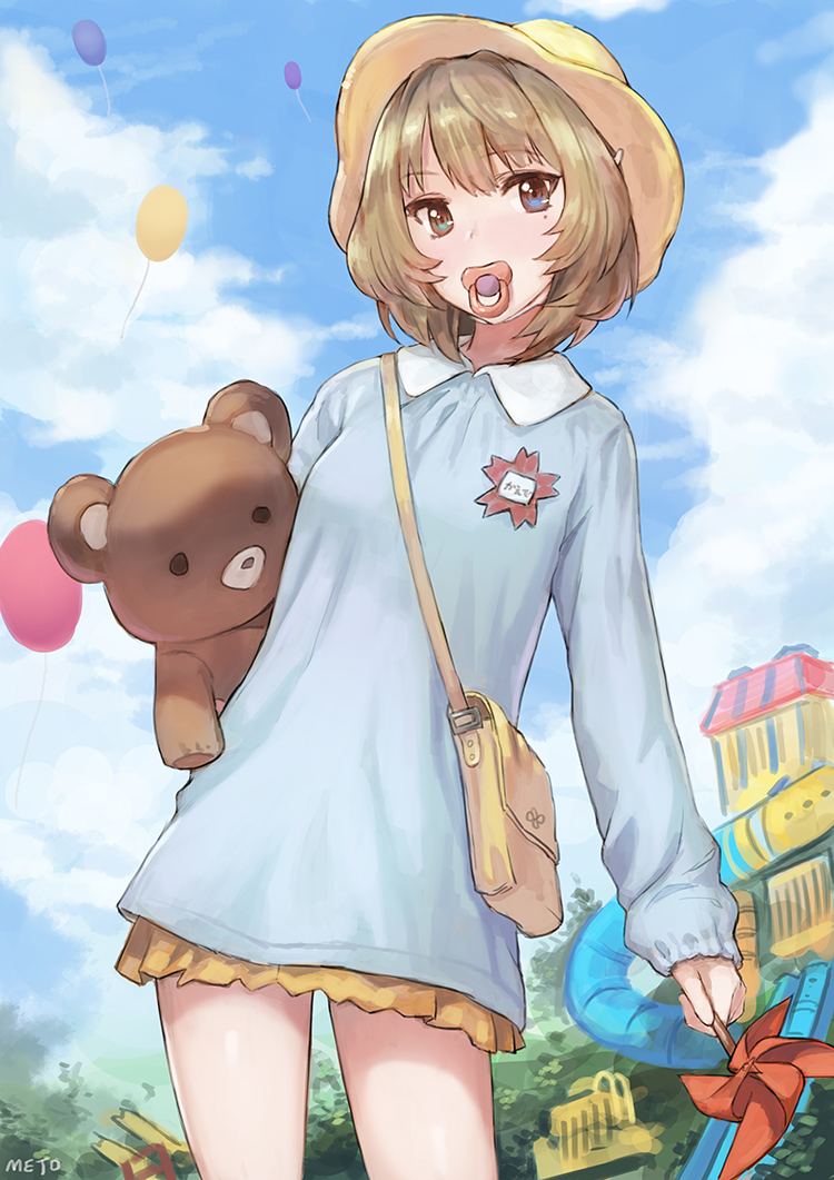 1girl, bag, balloon, blue_eyes, blush, brown_hair, green_eyes, hat, heterochromia, idolmaster, idolmaster_cinderella_girls, jungle_gym, kindergarten_uniform, looking_at_viewer, meto31, mole, mole_under_eye, name_tag, pacifier, pinwheel, school_bag, school_hat, school_uniform, short_hair, skirt, solo, stuffed_animal, stuffed_toy, takagaki_kaede, teddy_bear