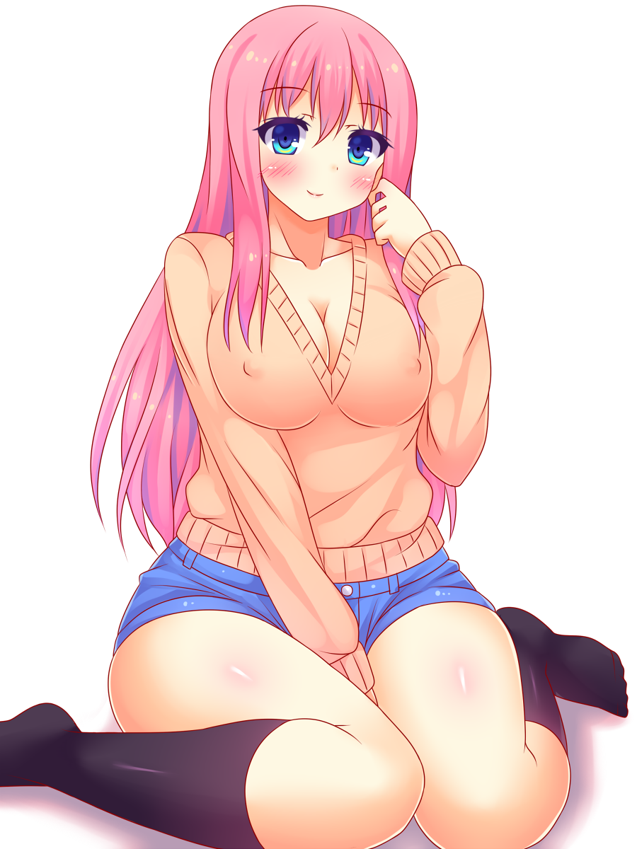 1girl, blue_eyes, blush, breasts, cleavage, denim, denim_shorts, highres, large_breasts, long_hair, looking_at_viewer, original, pink_hair, sakaura_(layer255), short_shorts, shorts, sitting, smile, socks, solo, sweater, wariza