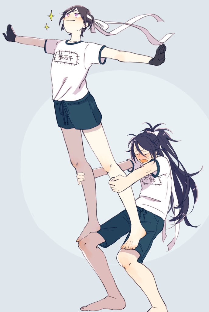 2boys, barefoot, black_gloves, black_hair, closed_eyes, fudou_yukimitsu, gloves, gym_uniform