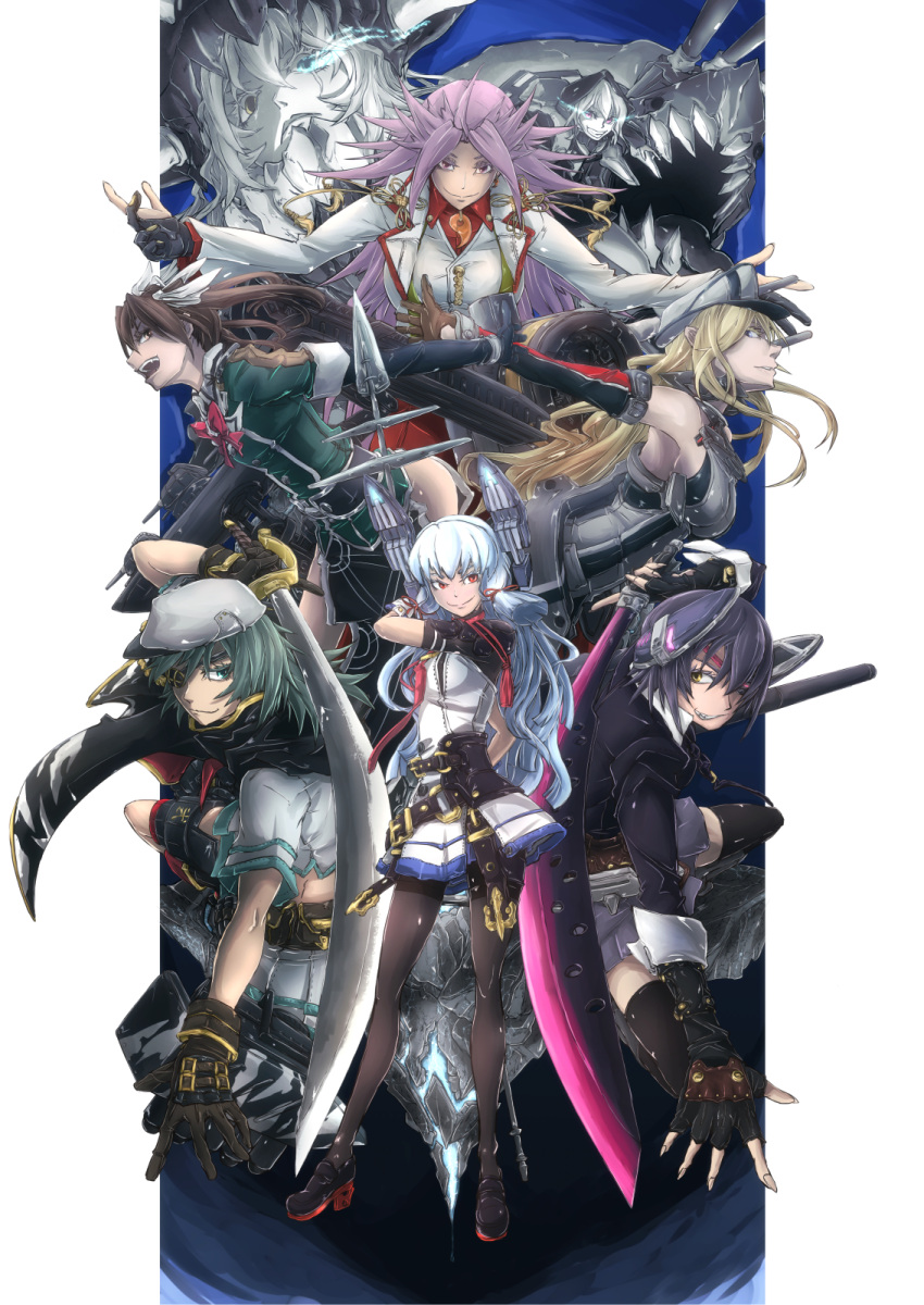 6+girls, anchor, arm_up, backpack, bag, bangs, bare_shoulders, belt
