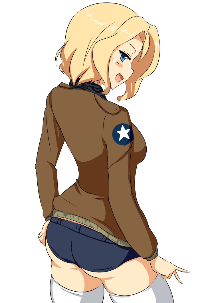 1girl, ass, blonde_hair, blush, cowboy_shot, denim, denim_shorts, girls_und_panzer, jacket, kay_(girls_und_panzer), long_hair, long_sleeves, looking_at_viewer, looking_back, military, military_uniform, open_mouth, short_shorts, shorts, skindentation, smile, solo, standing, thigh-highs, uniform, v, white_background, white_legwear, yottin