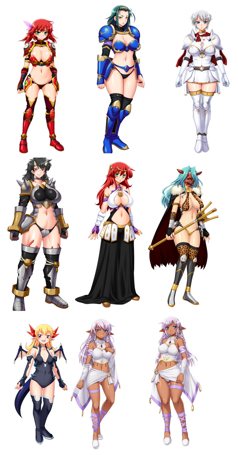 6+girls, animal_ears, armor, bat_wings, belt, bikini_armor, bikini_bottom, black_hair