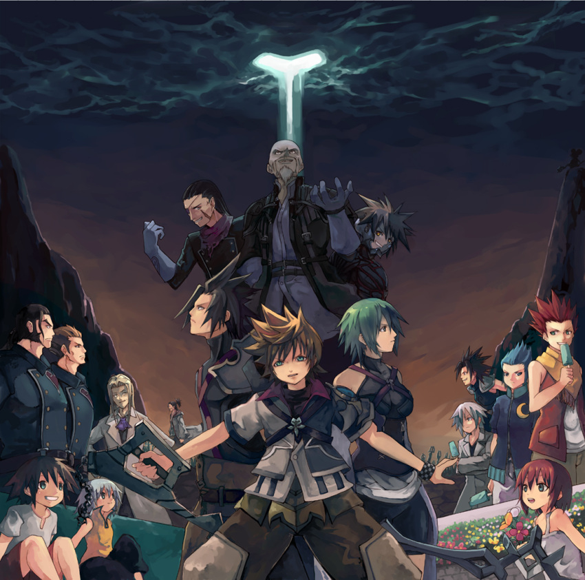 2girls, 6+boys, aqua_(kingdom_hearts), axel_(kingdom_hearts), bald, beard, black_hair, blue_hair