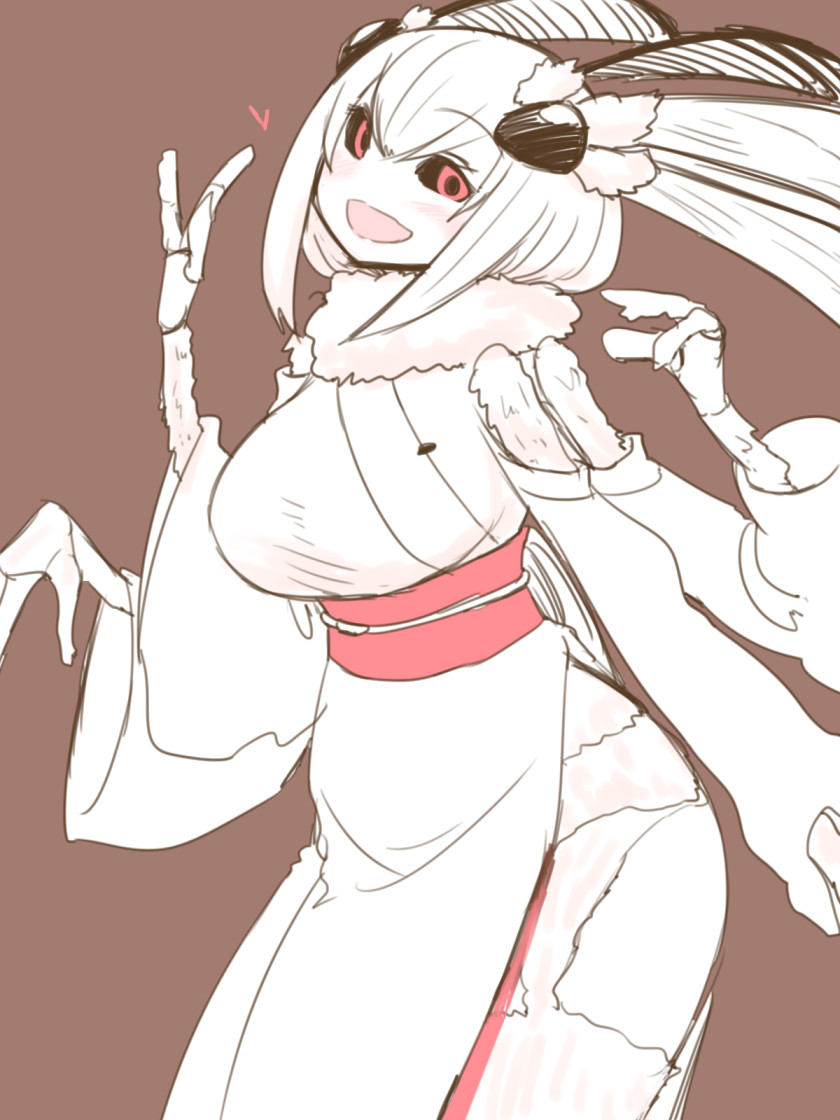 breasts, eyebrows, eyebrows_visible_through_hair, heart, japanese_clothes, kimono, looking_at_viewer, moth_ears, moth_girl, multiple_arms, no_nose, open_mouth, simple_background, smile, sumiyao_(amam), waving