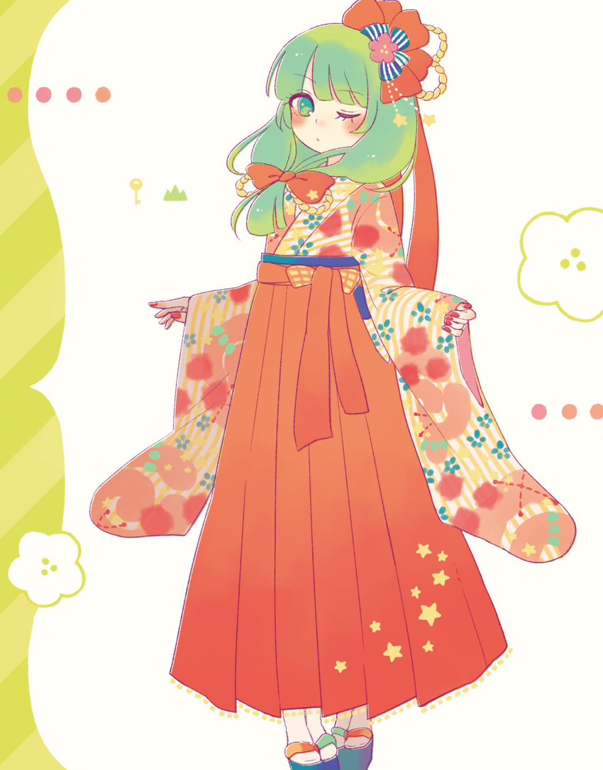1girl, alternate_costume, blush, bow, front_ponytail, green_eyes, green_hair, hair_bow