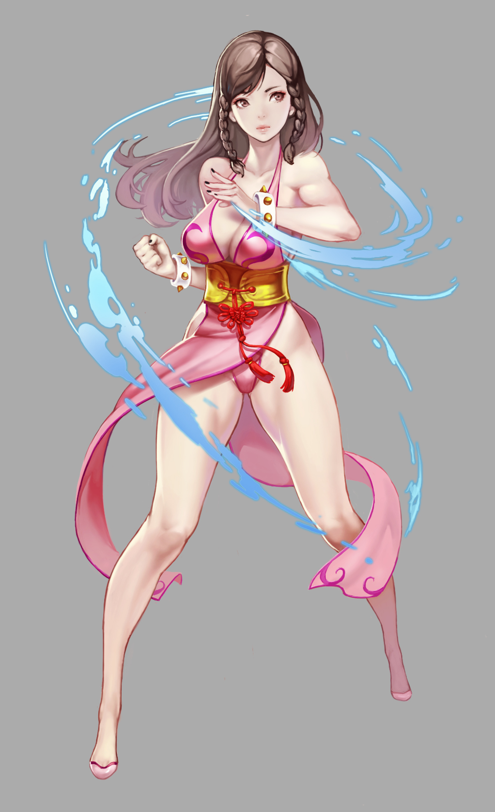 1girl, black_hair, black_nails, bracelet, braid, breasts, brown_eyes, chun-li