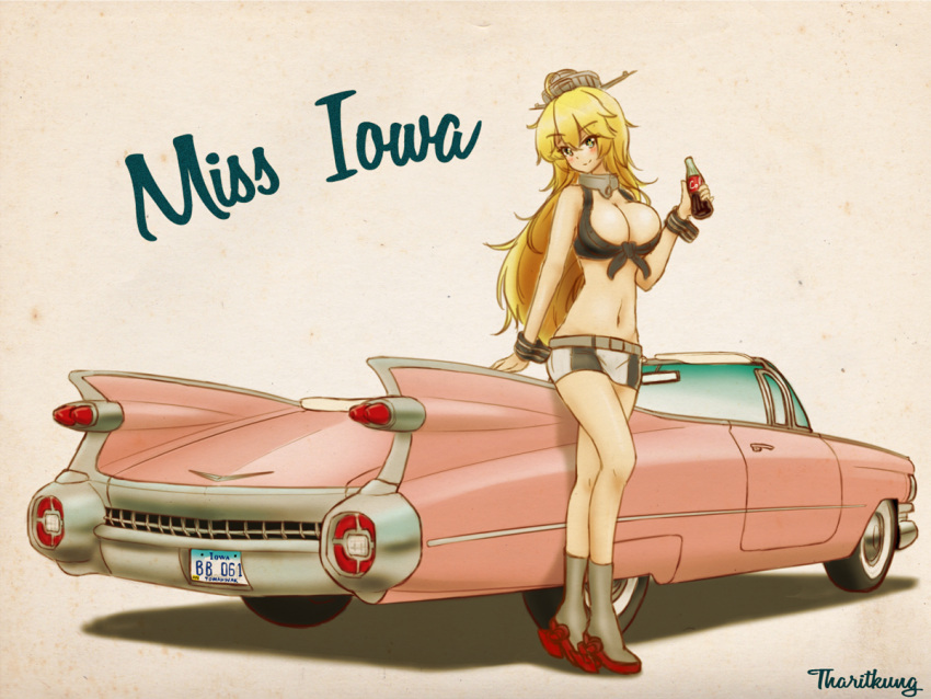 1girl, blonde_hair, blue_eyes, bottle, cadillac, car, coca-cola, iowa_(kantai_collection)
