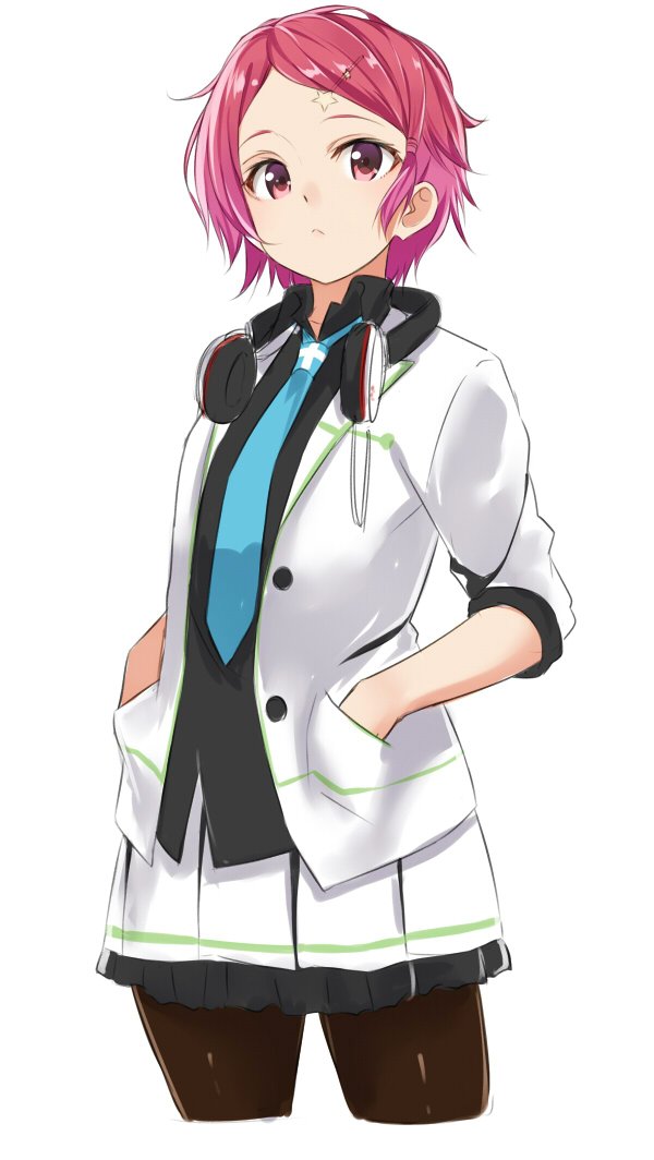 1girl, :<, bangs, black_shirt, blue_necktie, brown_legwear, buttons, collared_shirt