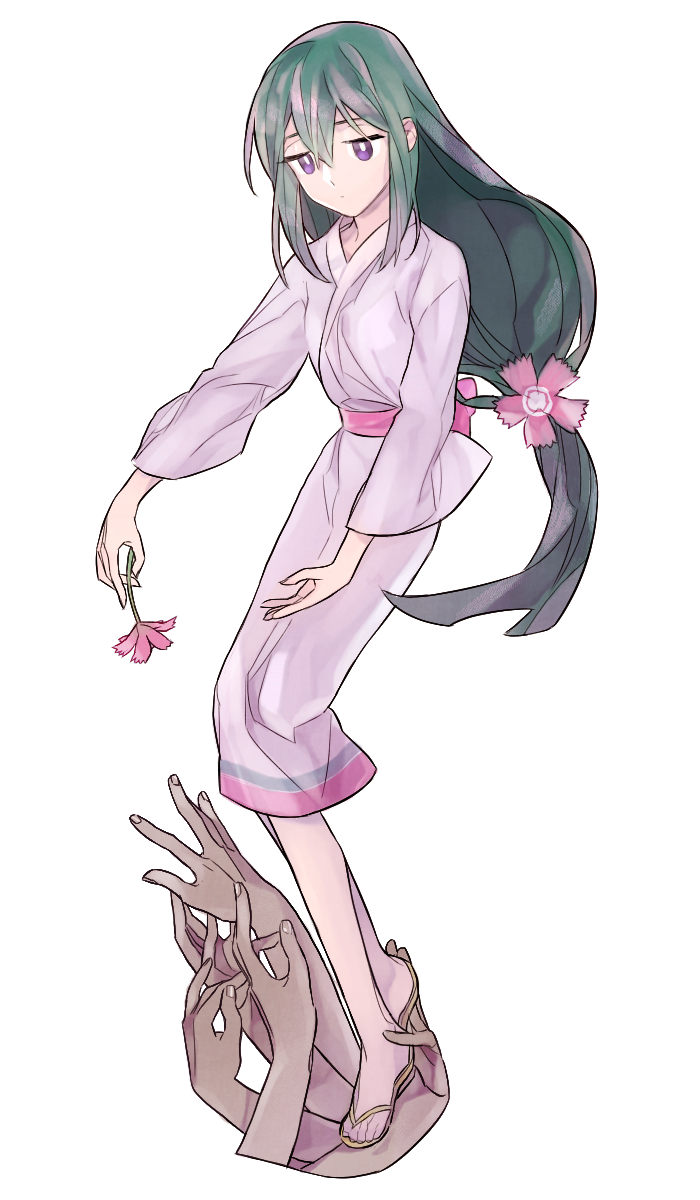 1girl, black_hair, flower, hair_flower, hair_ornament, highres, japanese_clothes, katanagatari, kimono, long_hair, motsi, solo, very_long_hair, violet_eyes, yasuri_nanami