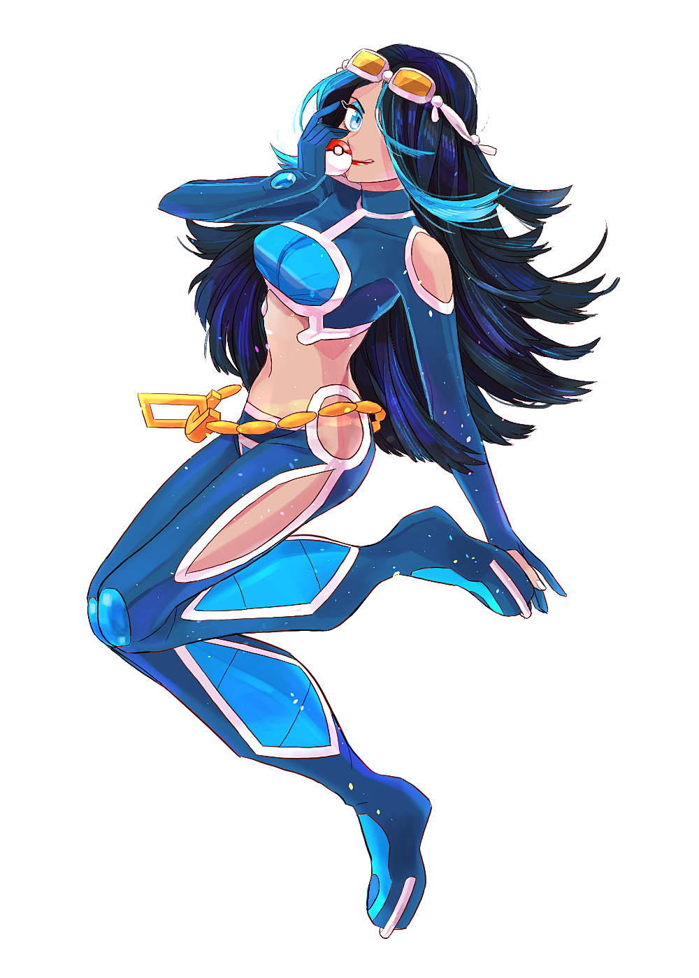 1girl, big_hair, black_hair, blue_eyes, blue_hair, crop_top, goggles, goggles_on_head, hair_over_one_eye, highres, holding, holding_poke_ball, izumi_(pokemon), izumi_(pokemon)_(remake), long_hair, makeup, midriff, motsi, multicolored_hair, navel, poke_ball, pokemon, pokemon_(game), pokemon_oras, smile, solo, team_aqua, two-tone_hair
