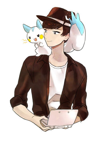 1boy, black_eyes, black_hair, black_hat, black_jacket, calme_(pokemon), handheld_game_console, hat, jacket, motsi, nintendo_3ds, pachirisu, pokemon, pokemon_(creature), se_jun_park, shirt, solo, white_shirt