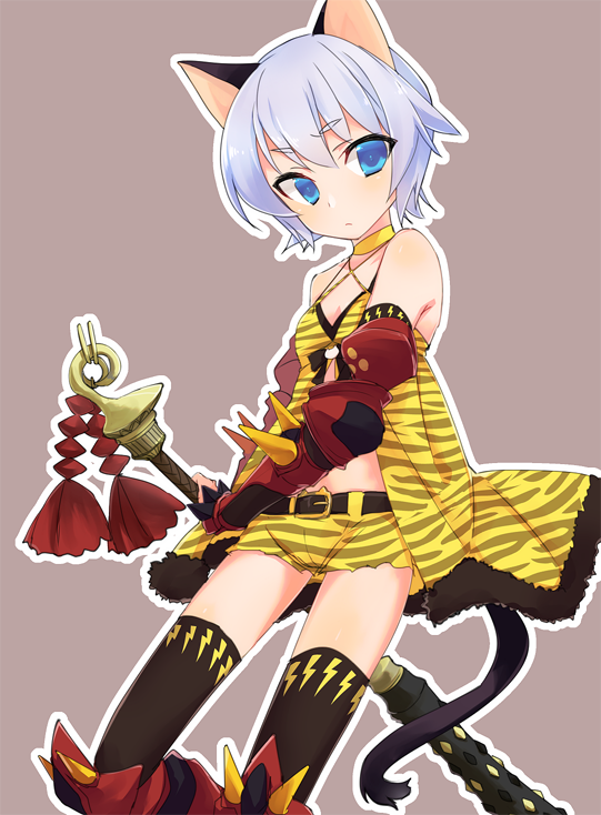 1girl, animal_ears, belt, black_legwear, blue_eyes, cat_ears, cat_tail, genderswap, kyuuri_(miyako), ledo_vassar, pop-up_story, short_shorts, shorts, silver_hair, solo, tail, thigh-highs, tiger_print, weapon