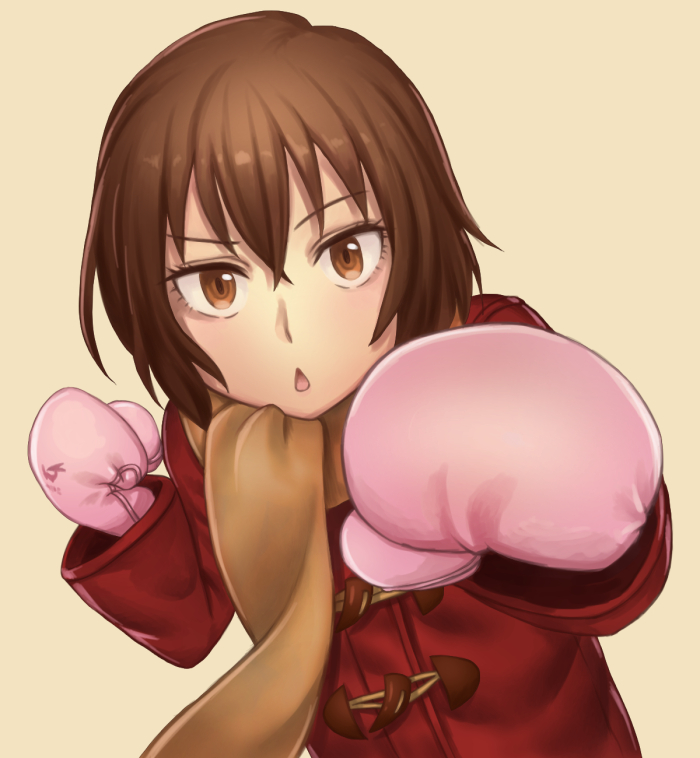 1girl, boku_dake_ga_inai_machi, boxing_gloves, brown_eyes, brown_hair, chestnut_mouth, coat, hair_between_eyes
