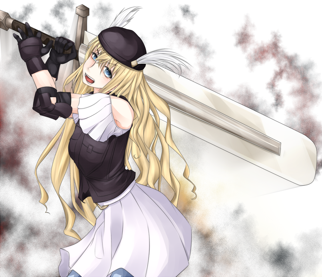 1girl, blonde_hair, blue_eyes, brunhild_eiktobel, gloves, huge_weapon, shin_(highest1192), solo, sword, teeth, to_aru_majutsu_no_index, to_aru_majutsu_no_index:_new_testament, weapon