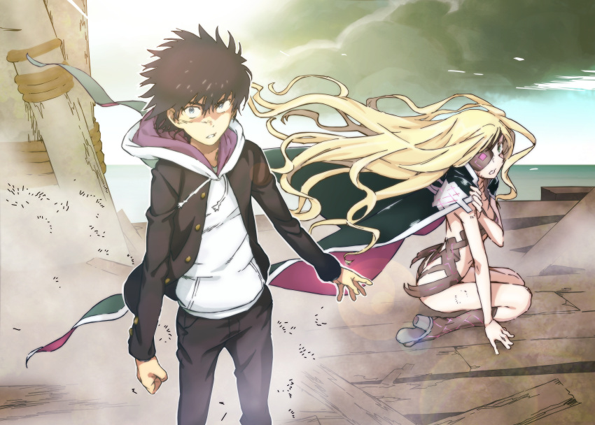 1boy, 1girl, arm_support, black_hair, blonde_hair, clenched_hand, drawstrings, dust_cloud