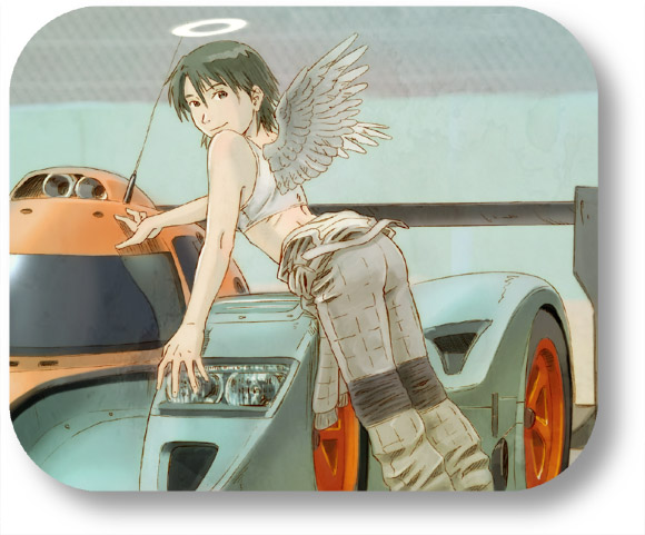 black_hair, car, haibane_renmei, halo, kana, motor_vehicle, r_kampfgruppe, racing_suit