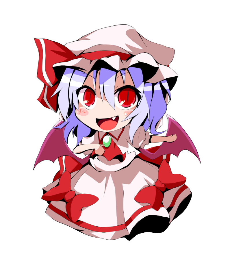 1girl, :d, ascot, bat_wings, blush, bow, chibi, dress