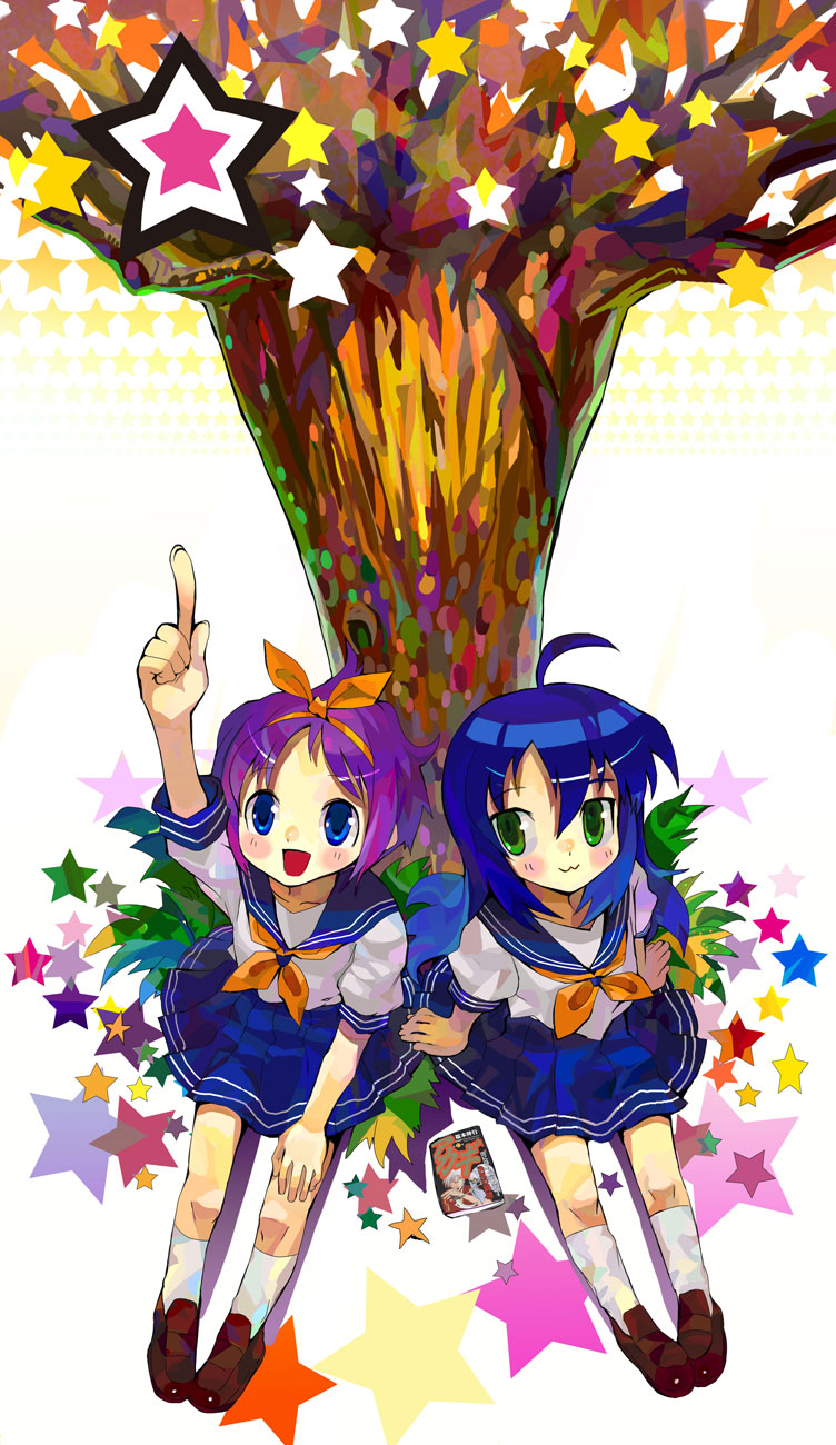 akagi, blue_eyes, blue_hair, blush, green_eyes, hair_ribbon, hasesese, highres, hiiragi_tsukasa, izumi_konata, lucky_star, purple_hair, ribbon, school_uniform, serafuku, sitting, star, thunderbird_(pixiv141589), tree