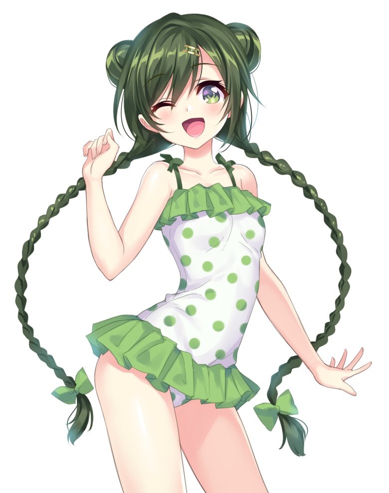 1girl, braid, contrapposto, cowboy_shot, double_bun, green, green_eyes, green_hair