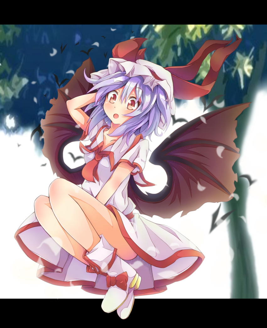 1girl, :o, arm_up, ascot, bat, bat_wings, blush, collarbone