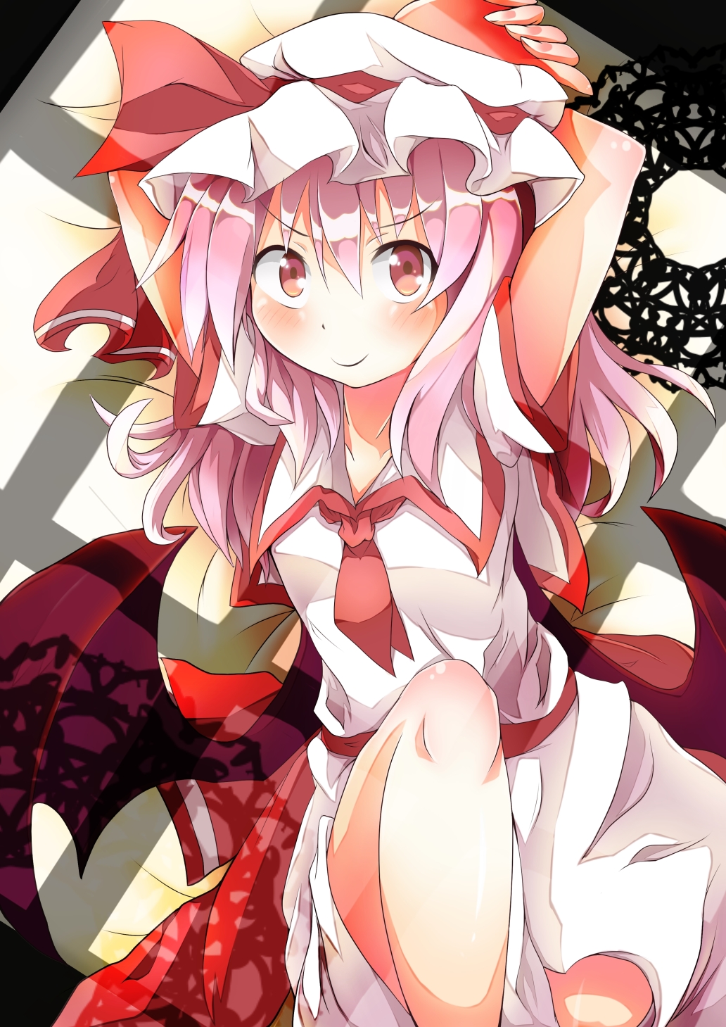 >:), 1girl, alternate_hair_color, alternate_hair_length, alternate_hairstyle, arms_up, ascot, bat_wings