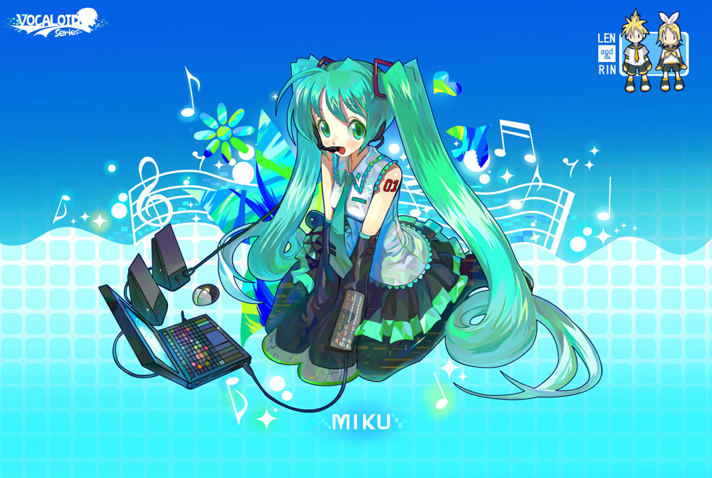 aqua_hair, chibi, computer, hasesese, hatsune_miku, headset, kagamine_len, kagamine_rin, laptop, long_hair, musical_note, necktie, speaker, thighhighs, thunderbird_(pixiv141589), twintails, vocaloid