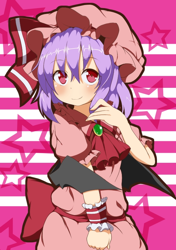1girl, ascot, bat_wings, blush, bow, dress, hat, hat_ribbon