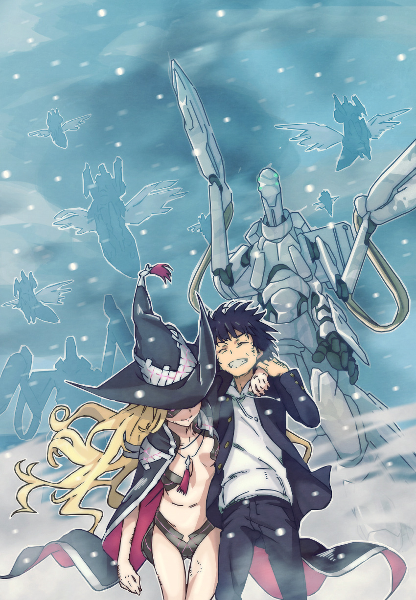 1boy, 1girl, arm_over_shoulder, ass_visible_through_thighs, black_hair, blonde_hair, breasts, cape